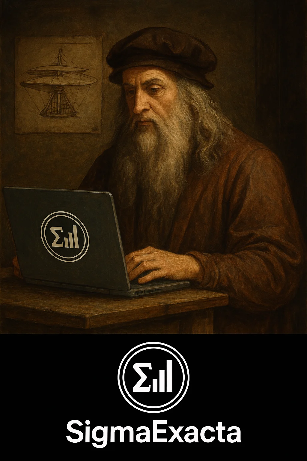 Leonardo da Vinci using a SigmaExacta laptop, representing the fusion of classic genius with modern engineering tools.